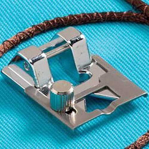 Shiny metal braiding foot for cording with low shank snap-on adapter for domestic sewing machines