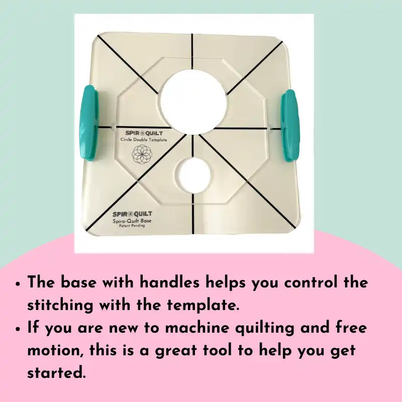 A clear acrylic quilting template with teal handles and circular cutouts.