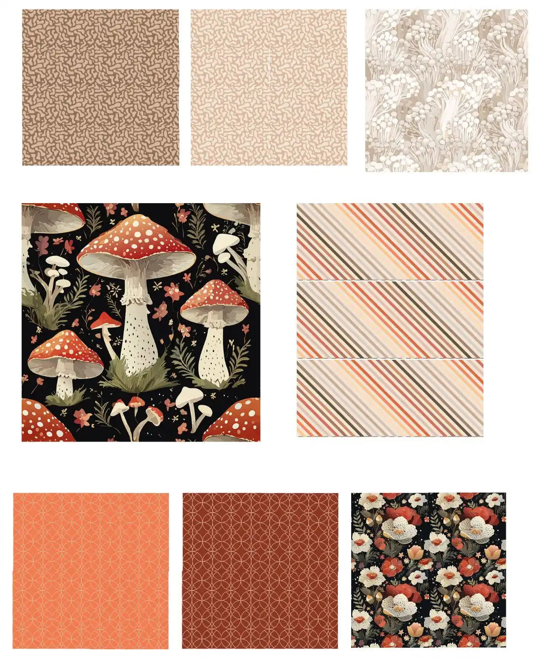 A collection of fabric swatches and patterned papers featuring mushrooms, floral designs, geometric patterns, and subtle textured prints.