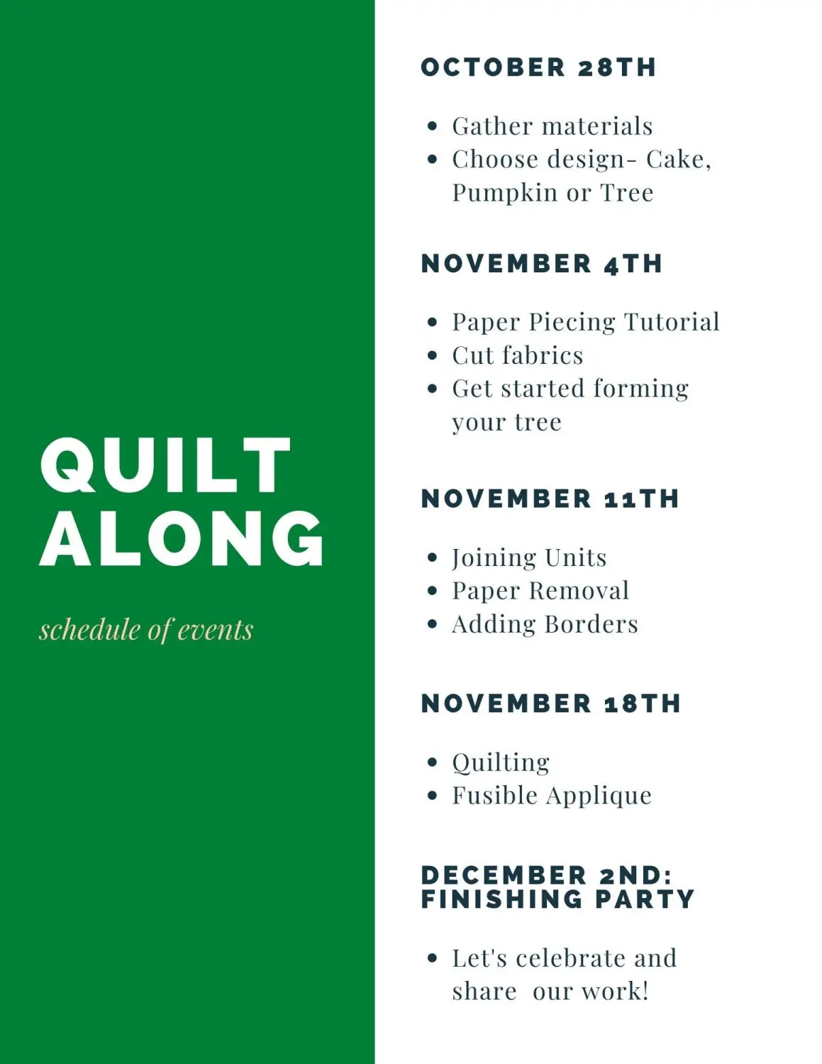 Quilt Along Calendar of Events