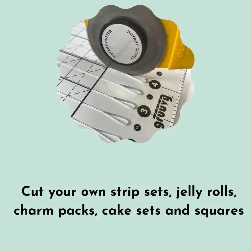 Quilting ruler and rotary cutter for fabric cutting.