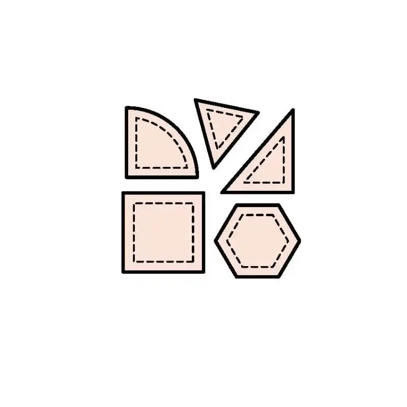 A set of five light pink geometric quilt or sewing patterns with dashed stitch lines.