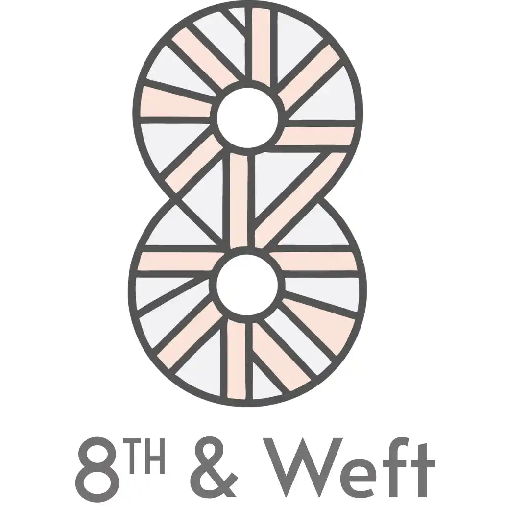 A stylized logo with the number ’8’’ formed by interlaced circular shapes, colored in light pink and white, with the text ’8TH & Weft’ beneath it.