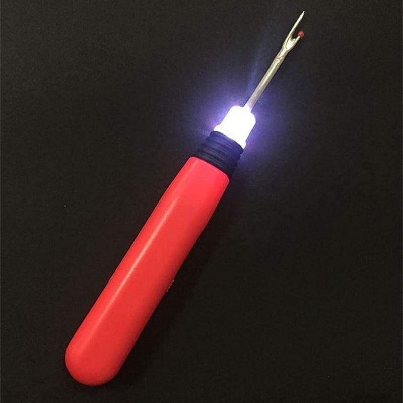 Light-Up Seam Ripper with illuminated tip for removing stitches and needle threading